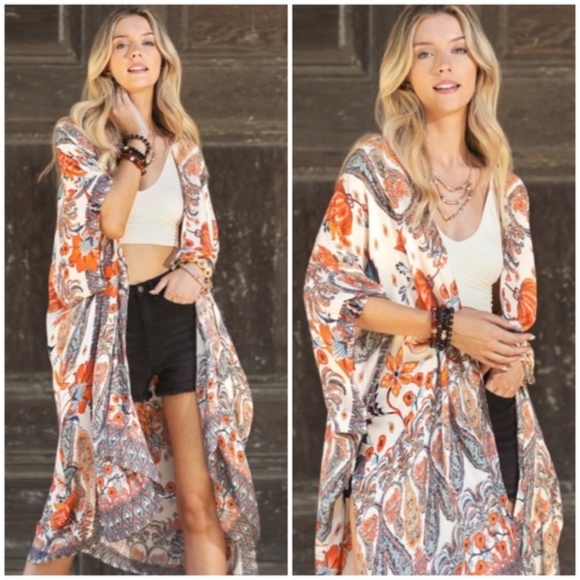 Alabaster Dobby Jacquard Intricate Jacobean Motif Boho Bohemian Kimono Wrap Top - Picture 1 of 5